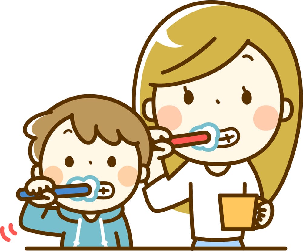 歯磨きをする親子のイラスト画像